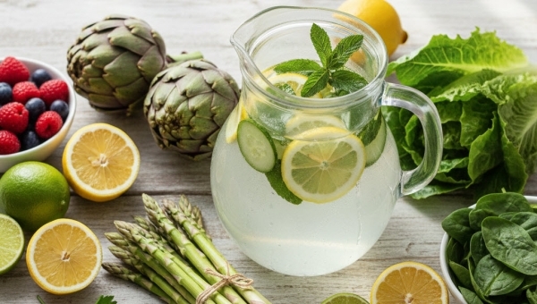 Selezione di verdure e frutta depurativa: carciofi, limone, cetrioli e acqua detox su un tavolo bianco.