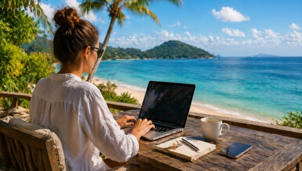 Lavorare da remoto in viaggio laptop mare